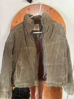 Corduroy Ribbed Puffer Jacket - Olive Green